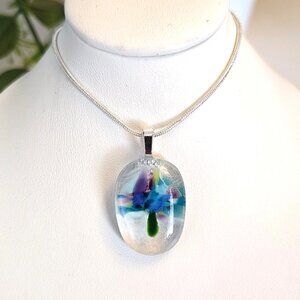 Original handmade pendant OOAK sculptured flower fused glass jewelry + necklace